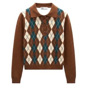 Zara Brown Teal & Cream Argyle Long Sleeve Polo Sweater